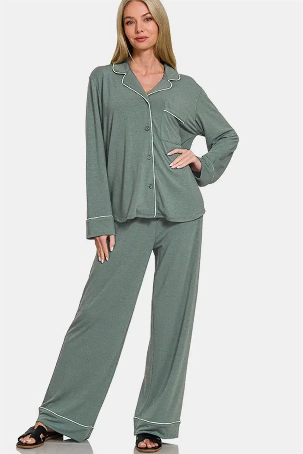 Stylish Zenana Button Down Lounge Set for Relaxation-Loungewear-Evelyns Fashion