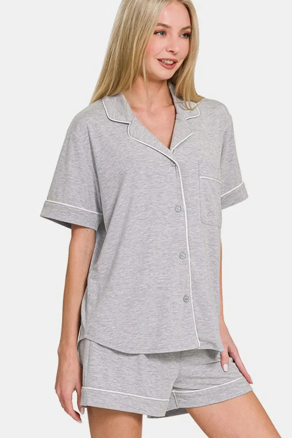 Stylish Zenana Lounge Set: Button Down Top & Shorts-Loungewear-Evelyns Fashion
