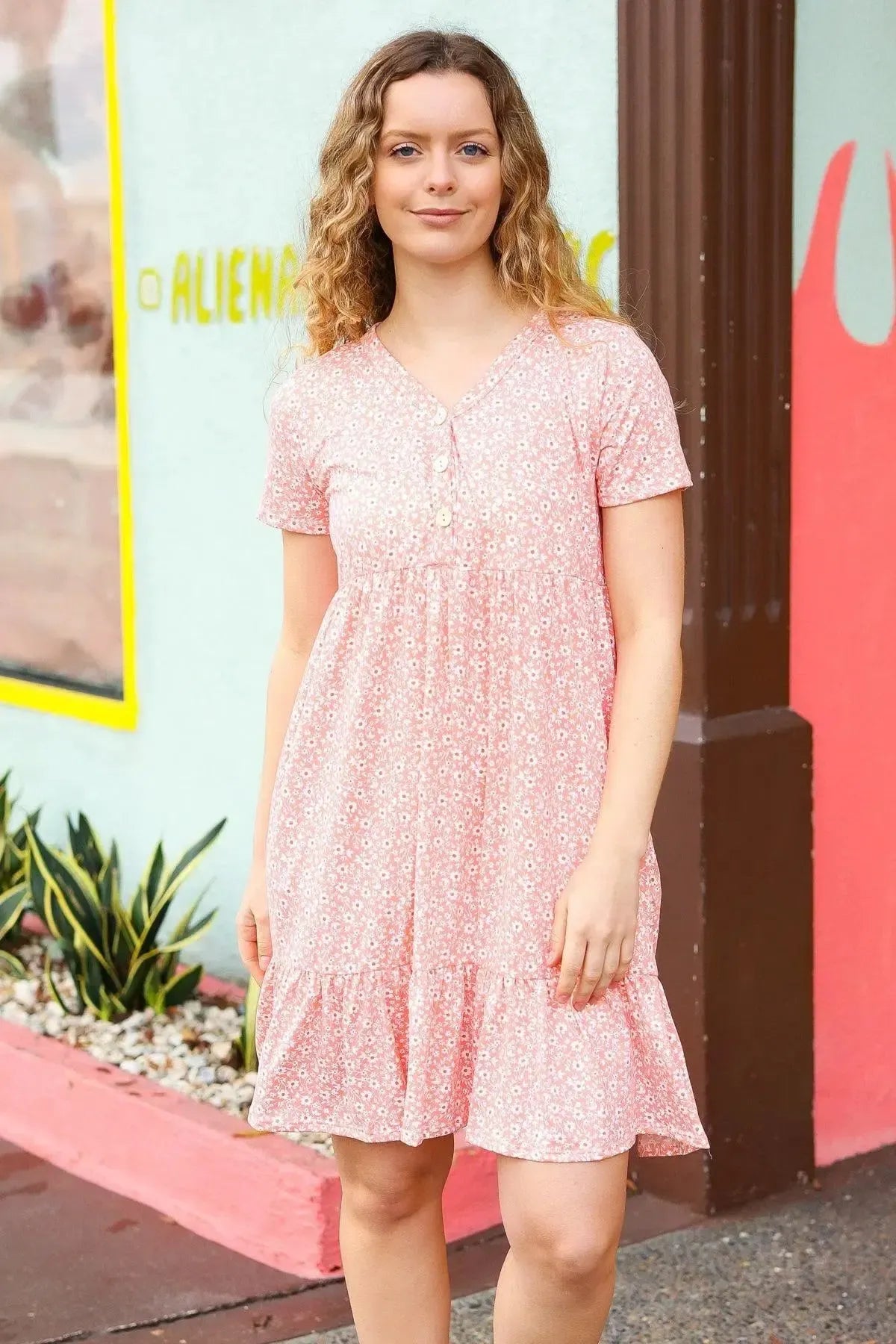 Summer Days Peach Ditzy Floral Button Down Babydoll Dress-2024 Summer Blow Out Sale-Evelyns Fashion