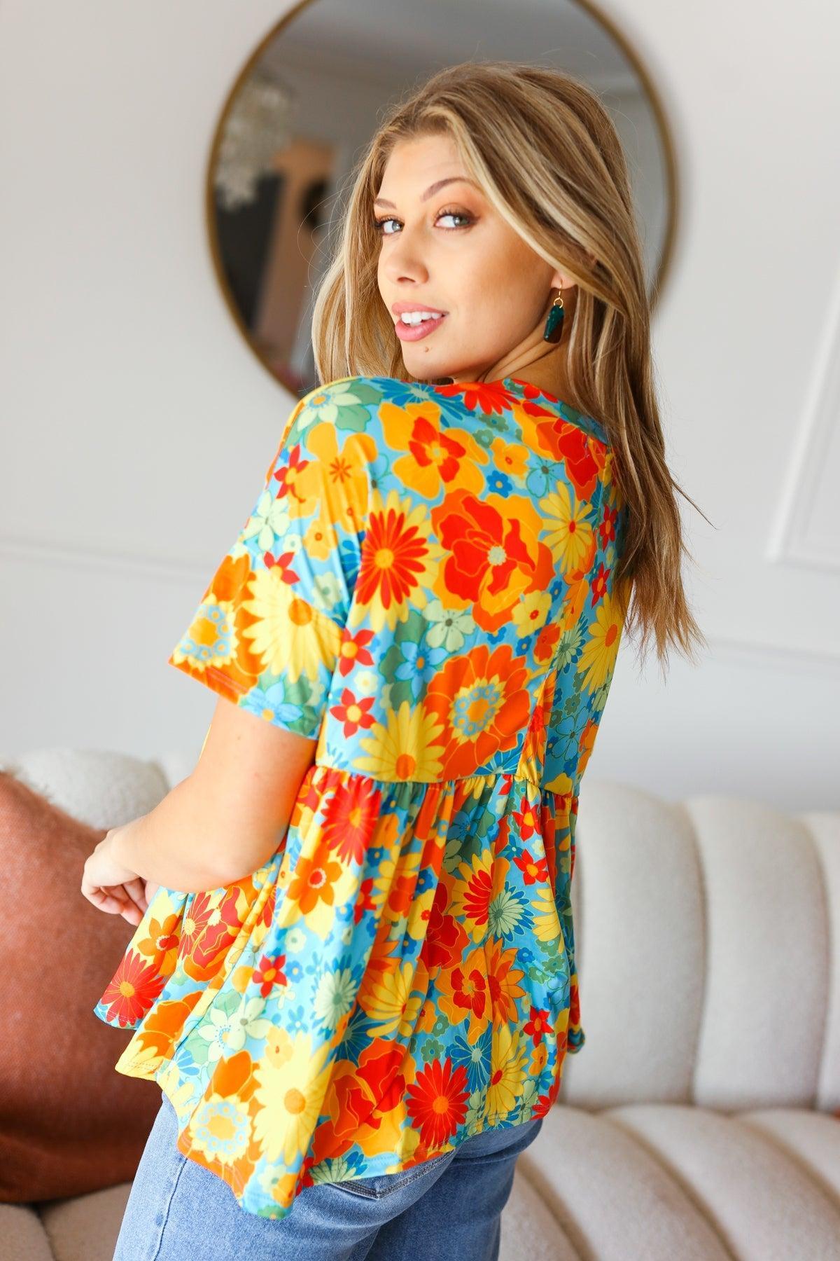 Sunflower & Red Retro Floral Babydoll Top-Short Sleeve Blouse-Evelyns Fashion