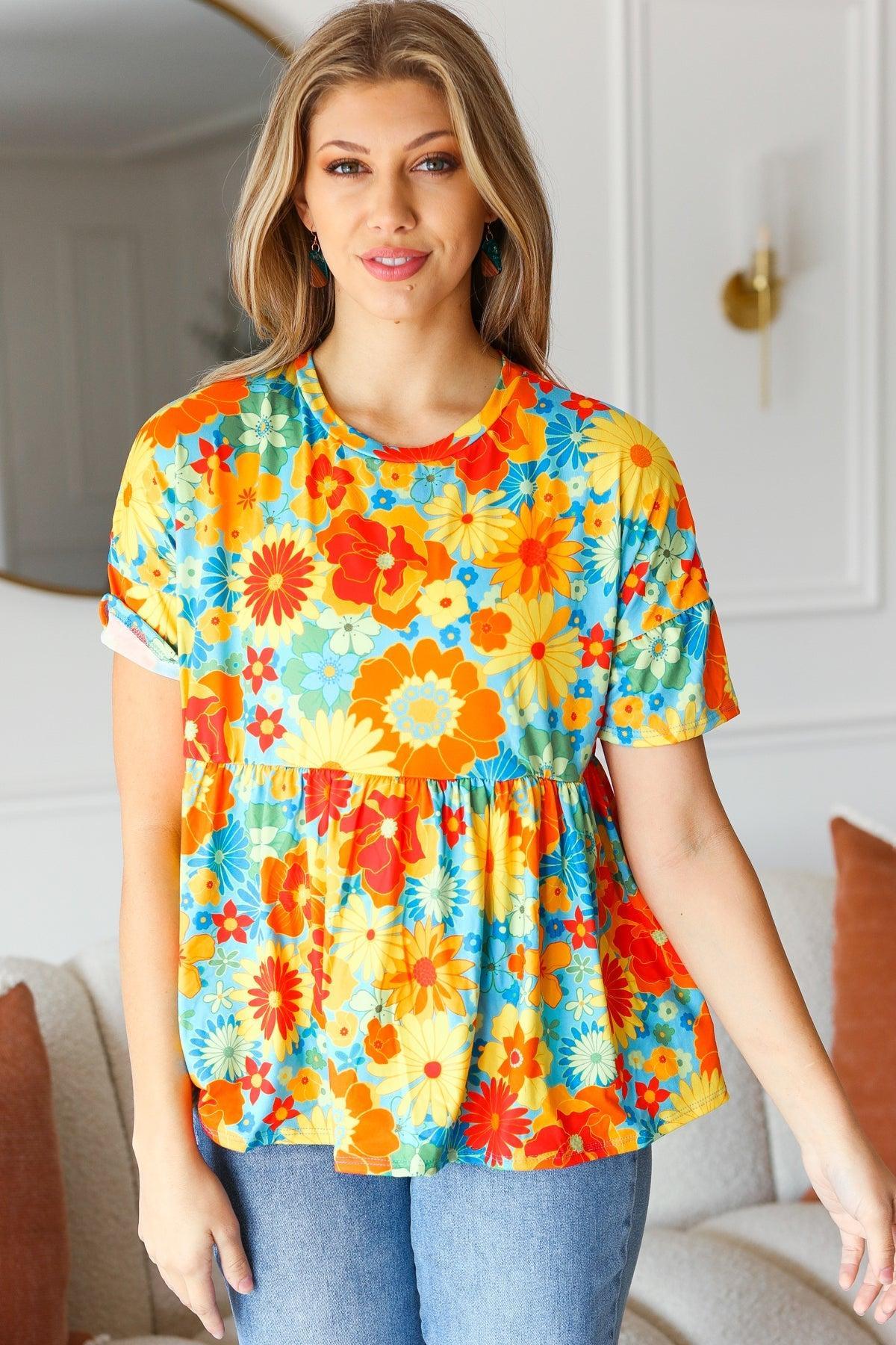 Sunflower & Red Retro Floral Babydoll Top-Short Sleeve Blouse-Evelyns Fashion