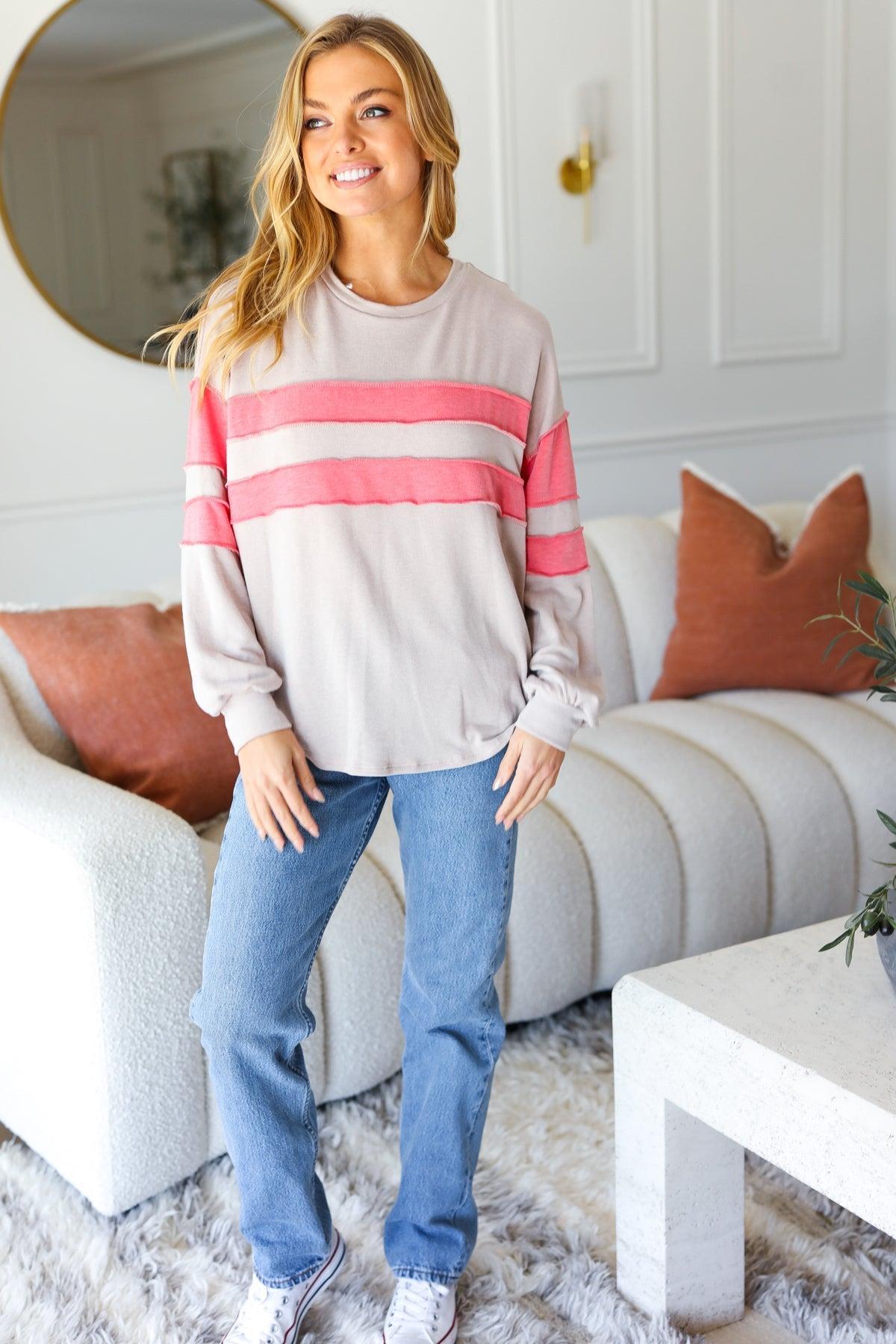 Taupe & Coral Stripe Terry Top-Long Sleeve Blouse-Evelyns Fashion