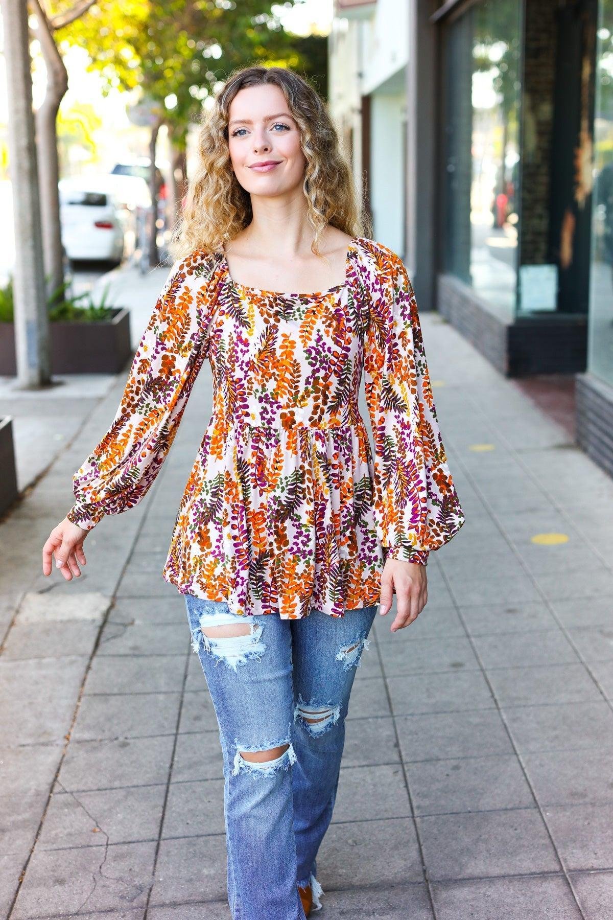 Taupe & Rust Floral Babydoll Top-Short Sleeve Blouse-Evelyns Fashion