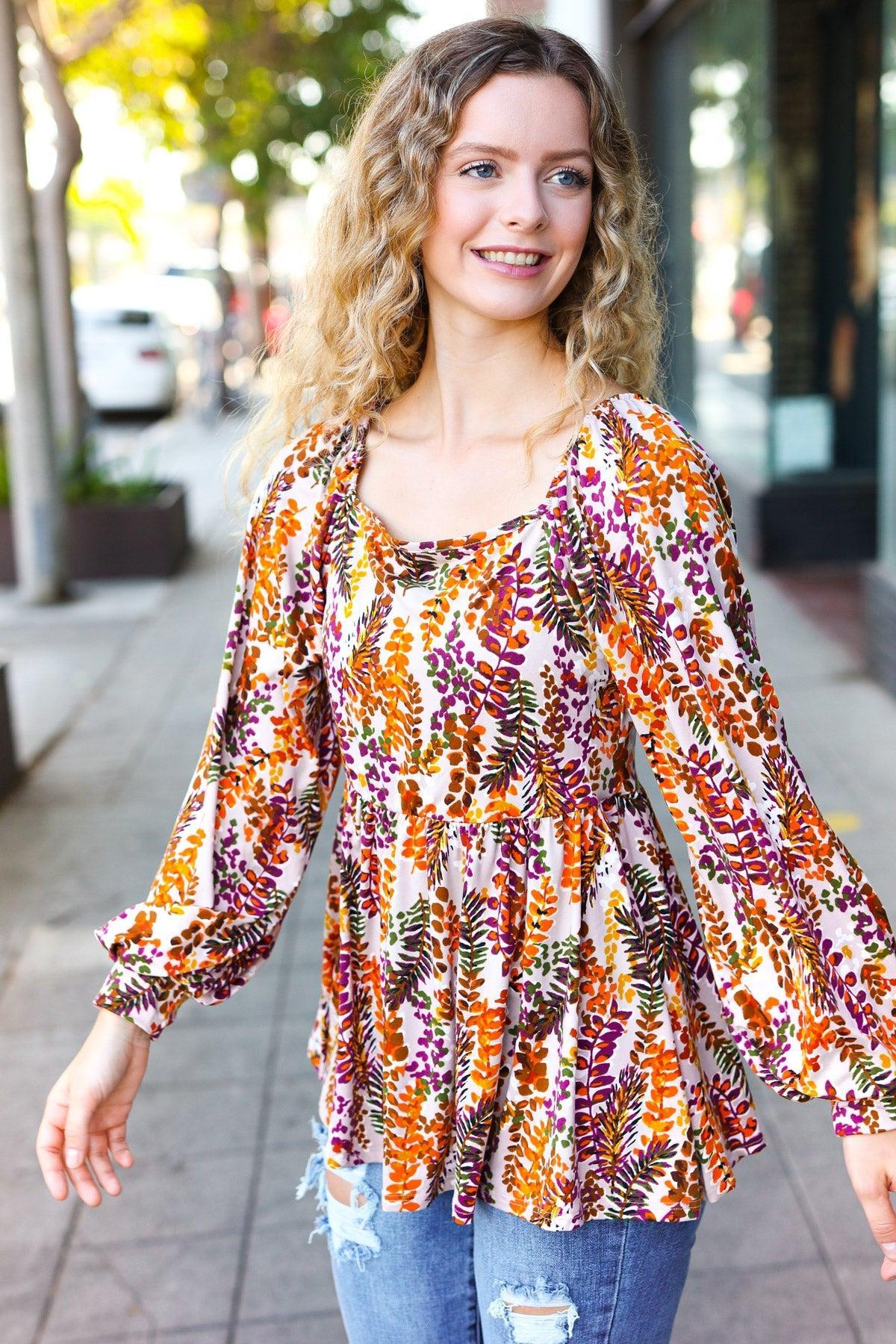 Taupe & Rust Floral Babydoll Top-Short Sleeve Blouse-Evelyns Fashion