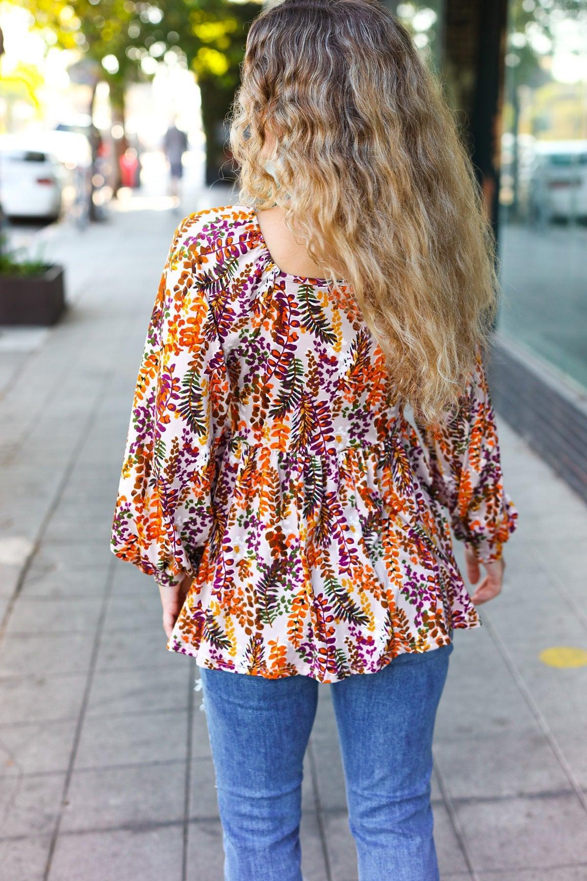 Taupe & Rust Floral Babydoll Top-Short Sleeve Blouse-Evelyns Fashion