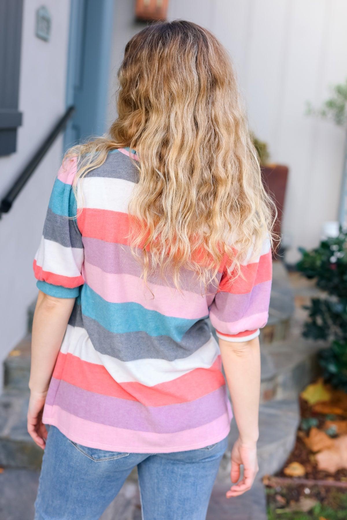 Teal & Rose Striped Knit Top-Short Sleeve Blouse-Evelyns Fashion