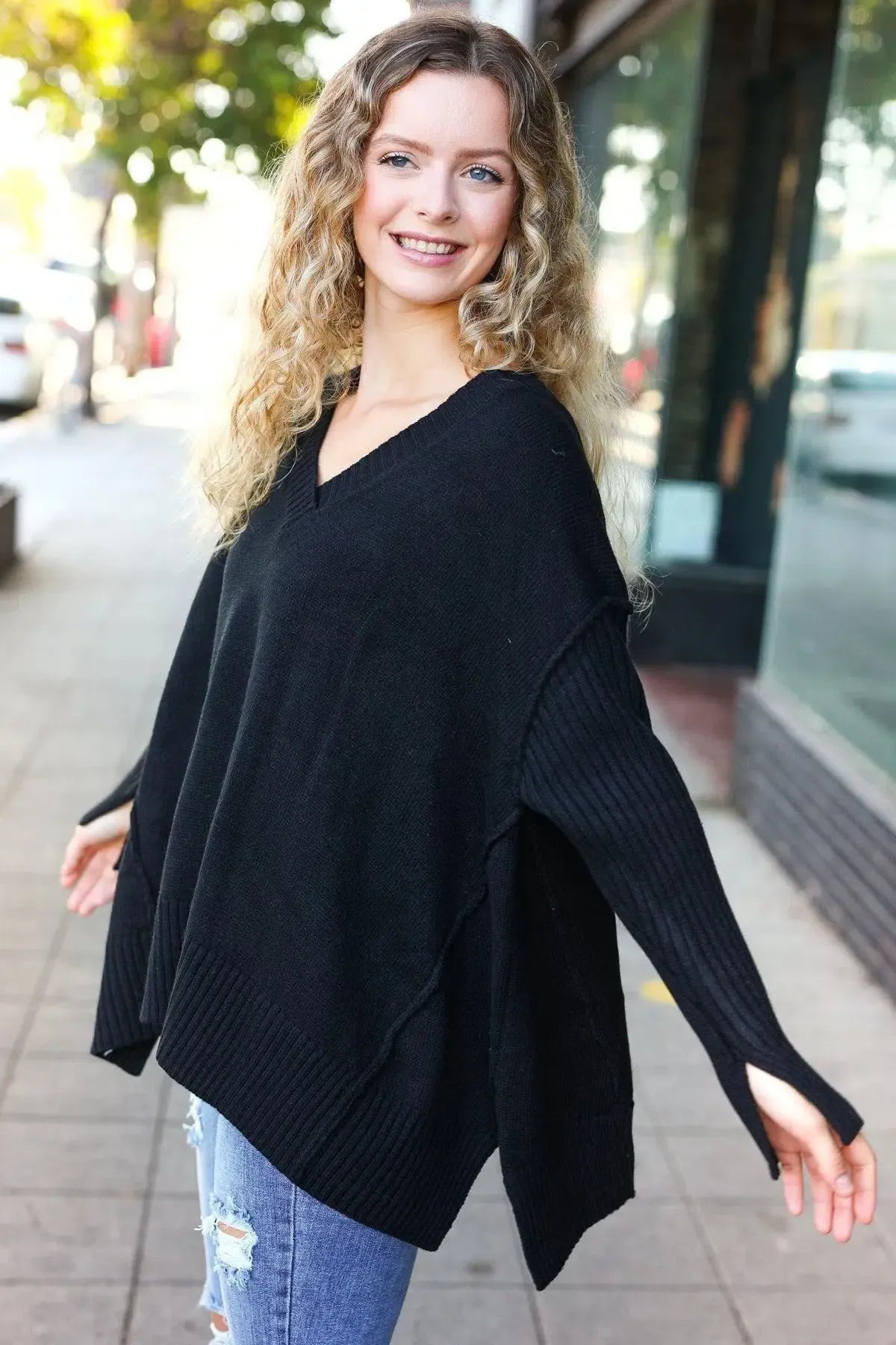 Timeless Comfort: Black Oversized V-Neck Rib Knit Sweater-Sweaters-Evelyns Fashion