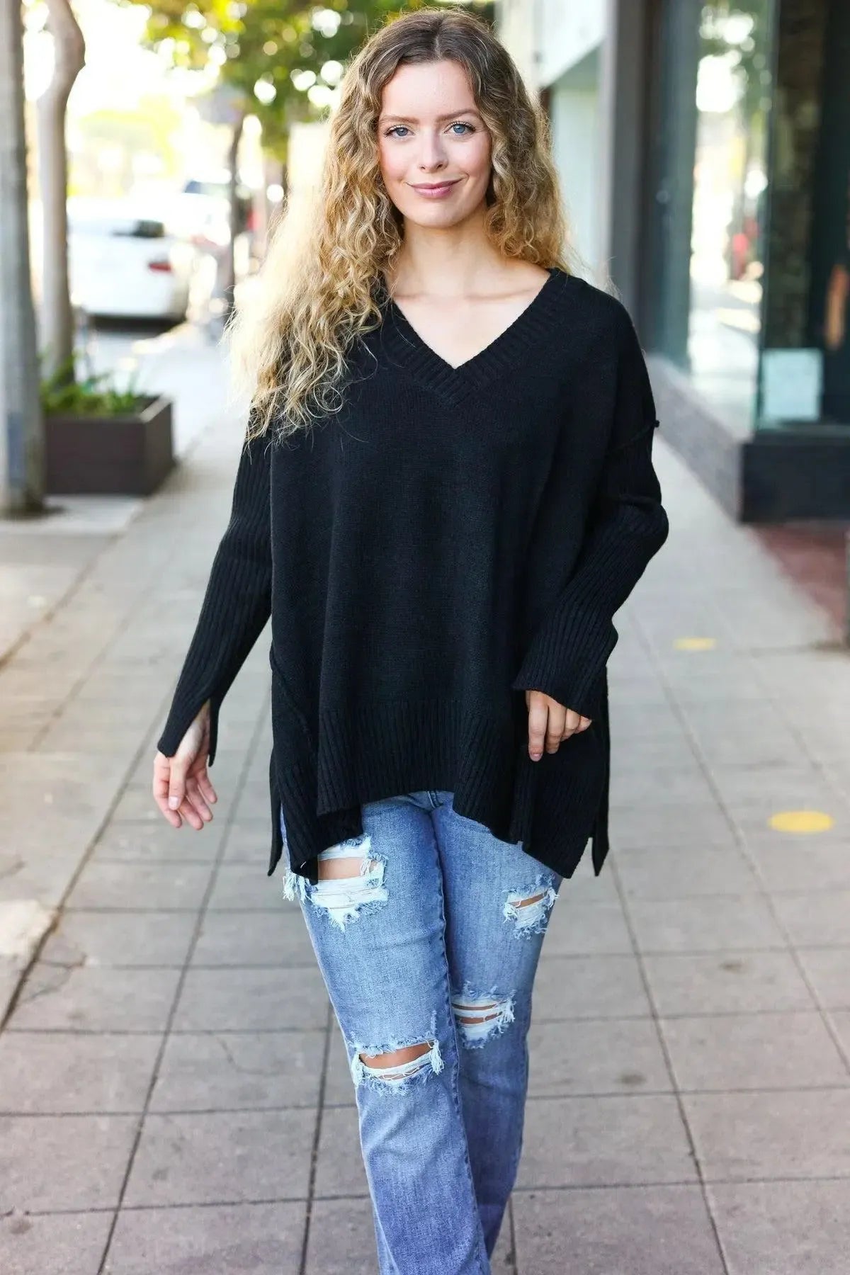 Timeless Comfort: Black Oversized V-Neck Rib Knit Sweater-Sweaters-Evelyns Fashion
