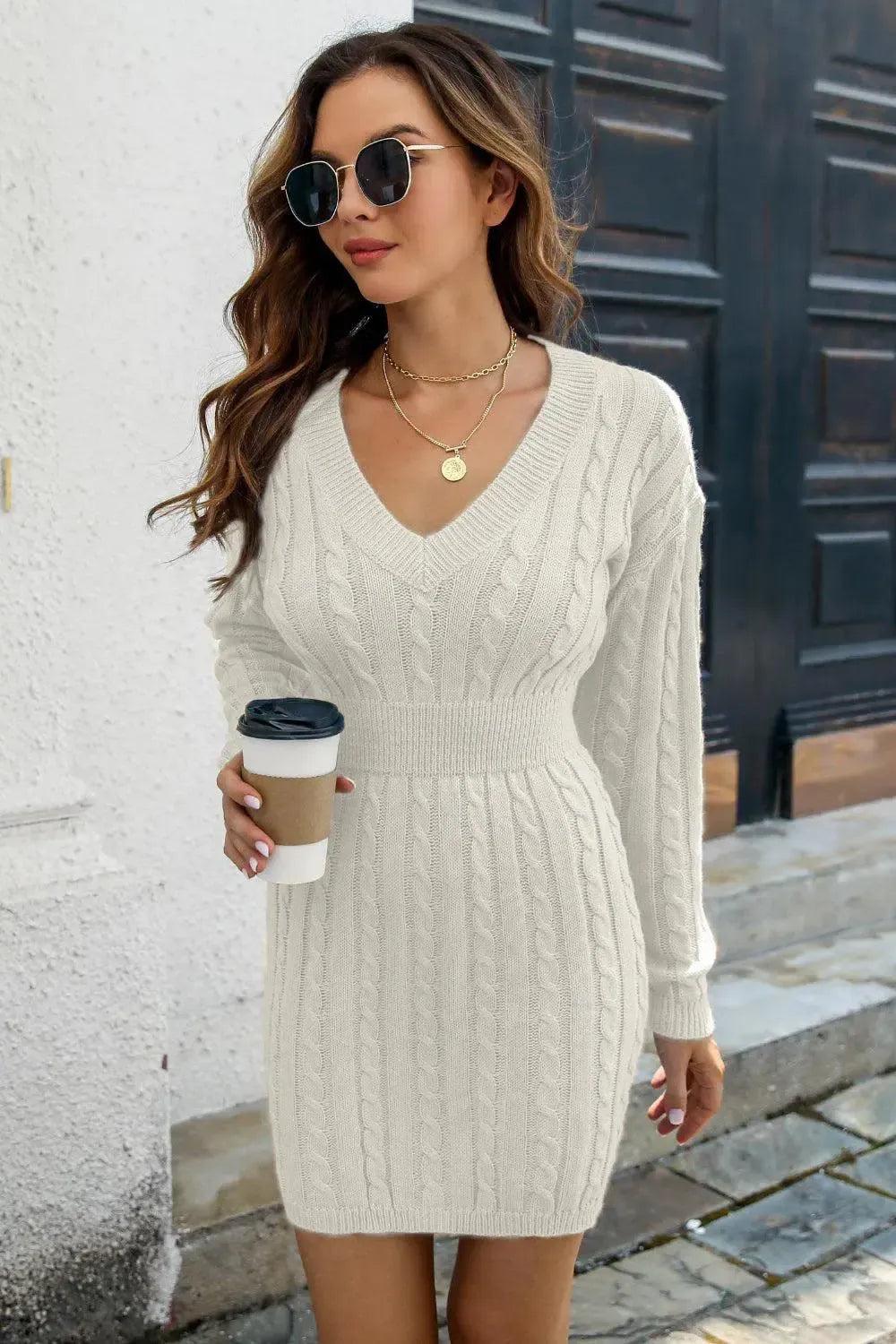 Timeless Comfort: Cozy Cable-Knit V-Neck Sweater Dress-Apparel & Accessories-Evelyns Fashion