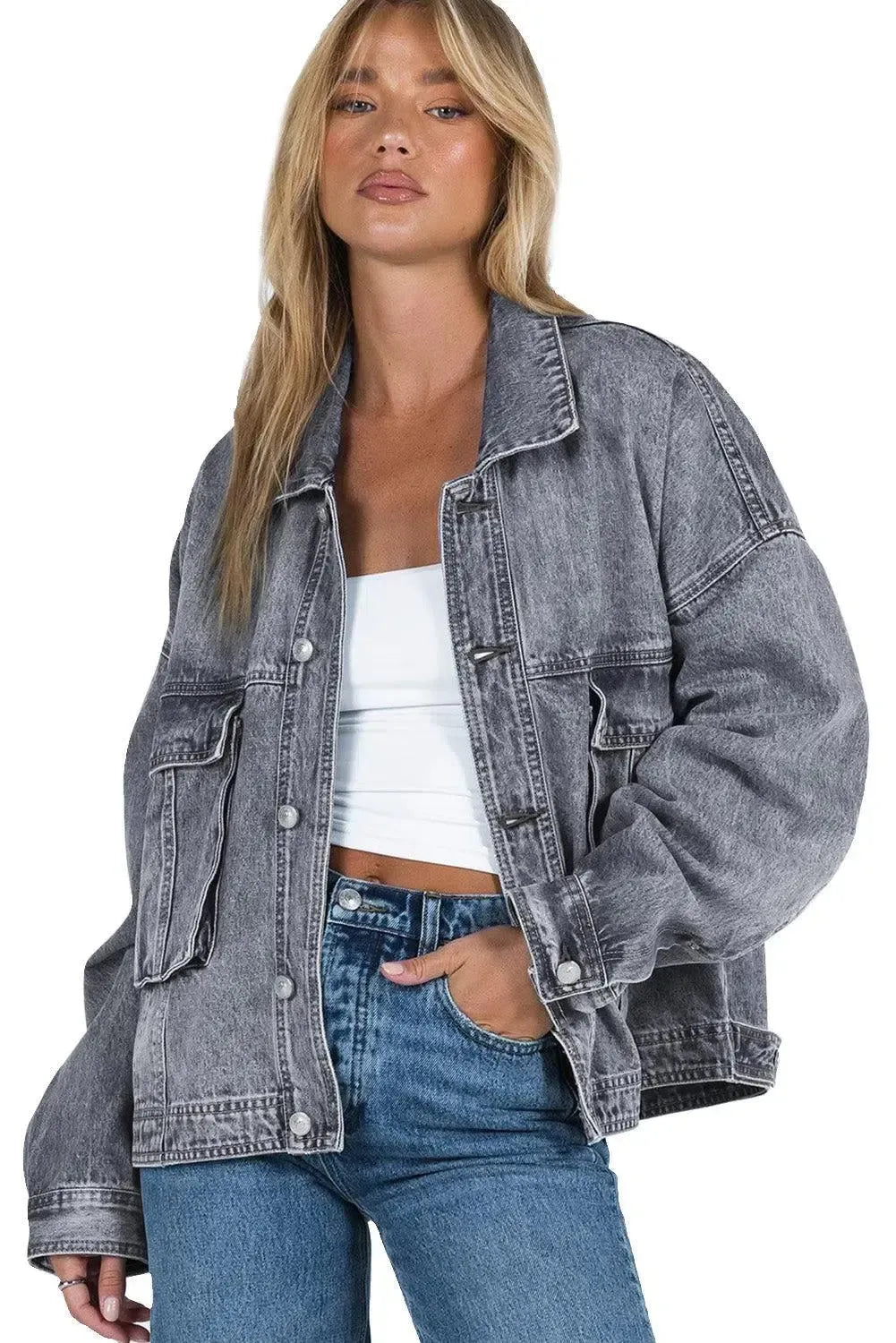 Timeless Style: Collared Neck Button Up Denim Jacket-Denim-Evelyns Fashion