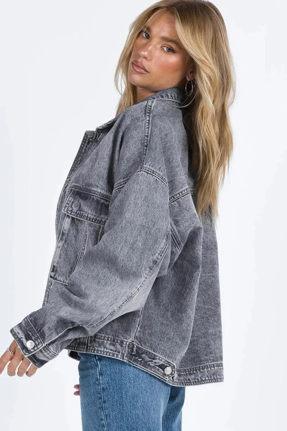 Timeless Style: Collared Neck Button Up Denim Jacket-Denim-Evelyns Fashion
