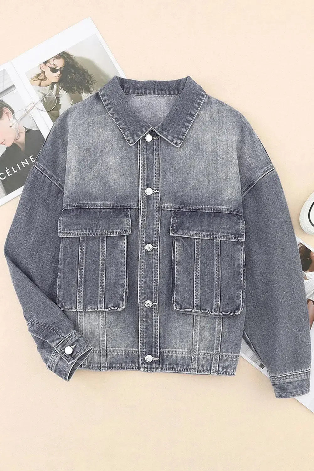Timeless Style: Collared Neck Button Up Denim Jacket-Denim-Evelyns Fashion