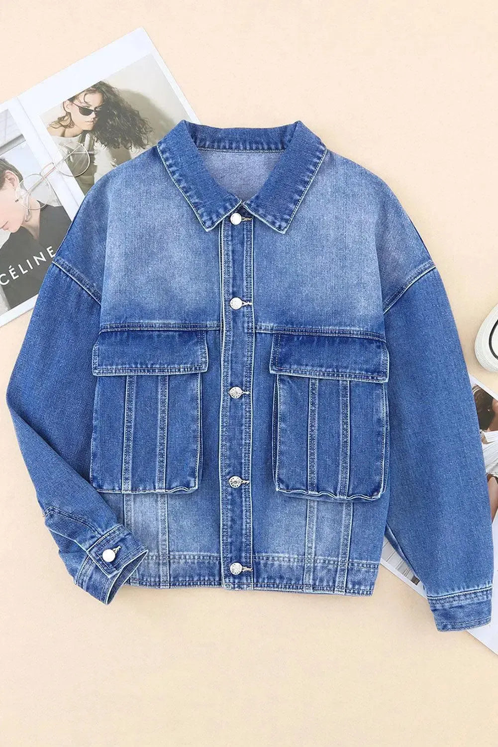 Timeless Style: Collared Neck Button Up Denim Jacket-Denim-Evelyns Fashion