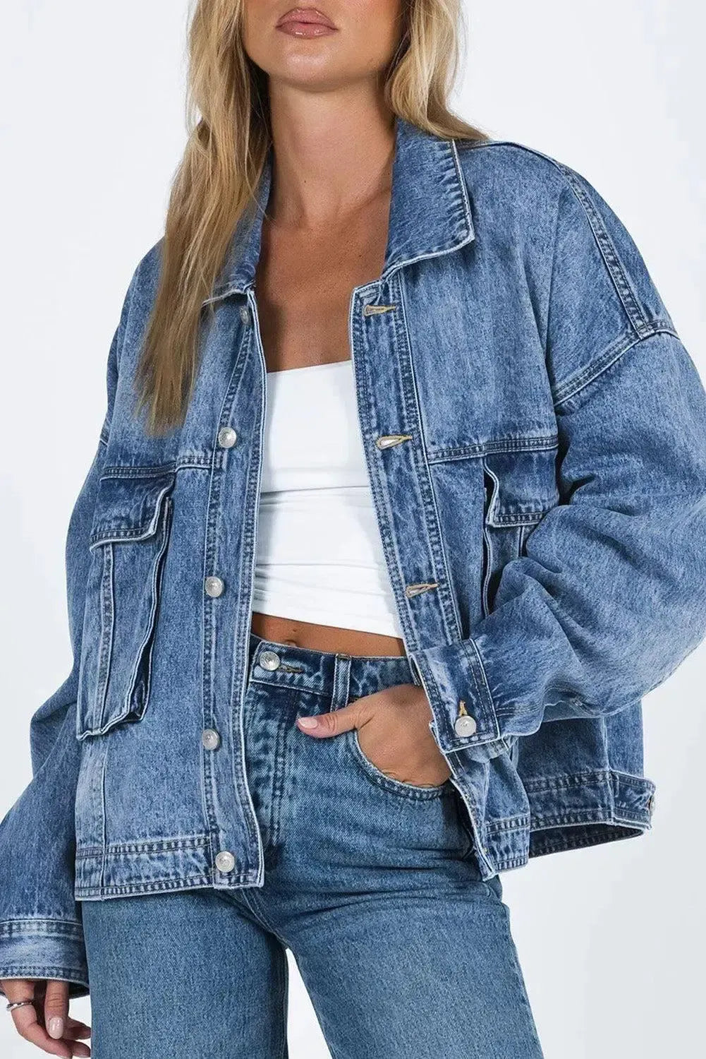 Timeless Style: Collared Neck Button Up Denim Jacket-Denim-Evelyns Fashion