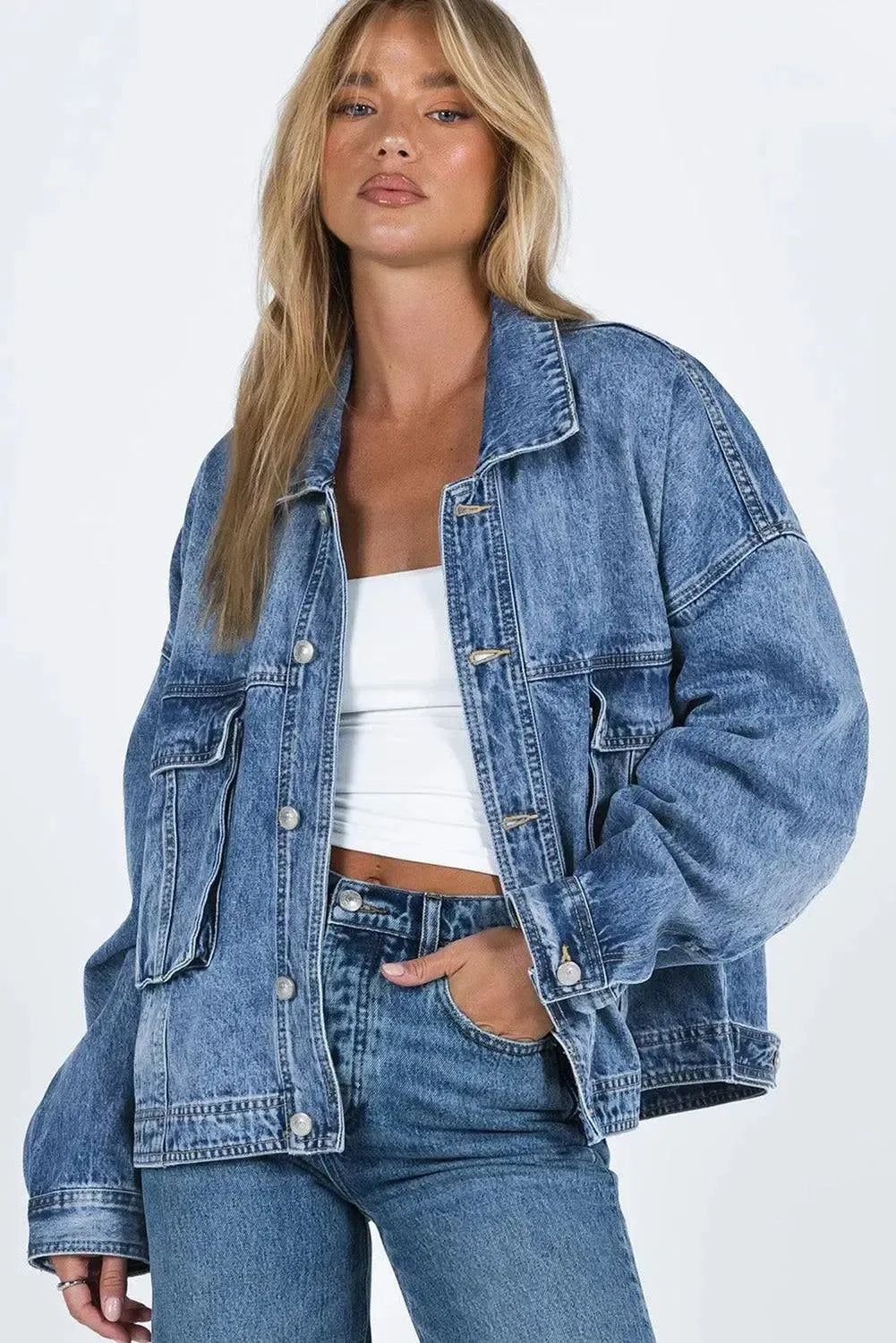 Timeless Style: Collared Neck Button Up Denim Jacket-Denim-Evelyns Fashion
