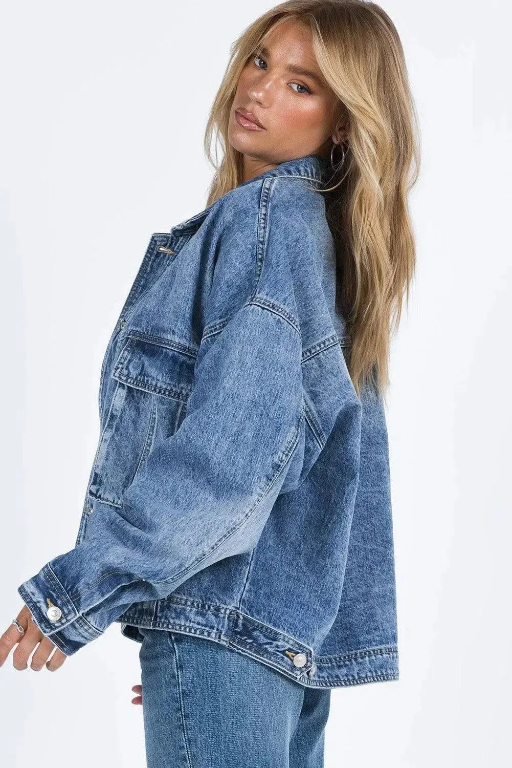 Timeless Style: Collared Neck Button Up Denim Jacket-Denim-Evelyns Fashion