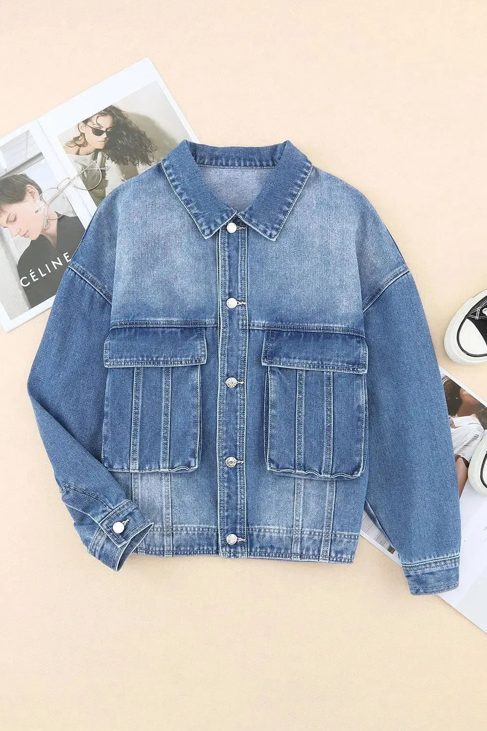 Timeless Style: Collared Neck Button Up Denim Jacket-Denim-Evelyns Fashion
