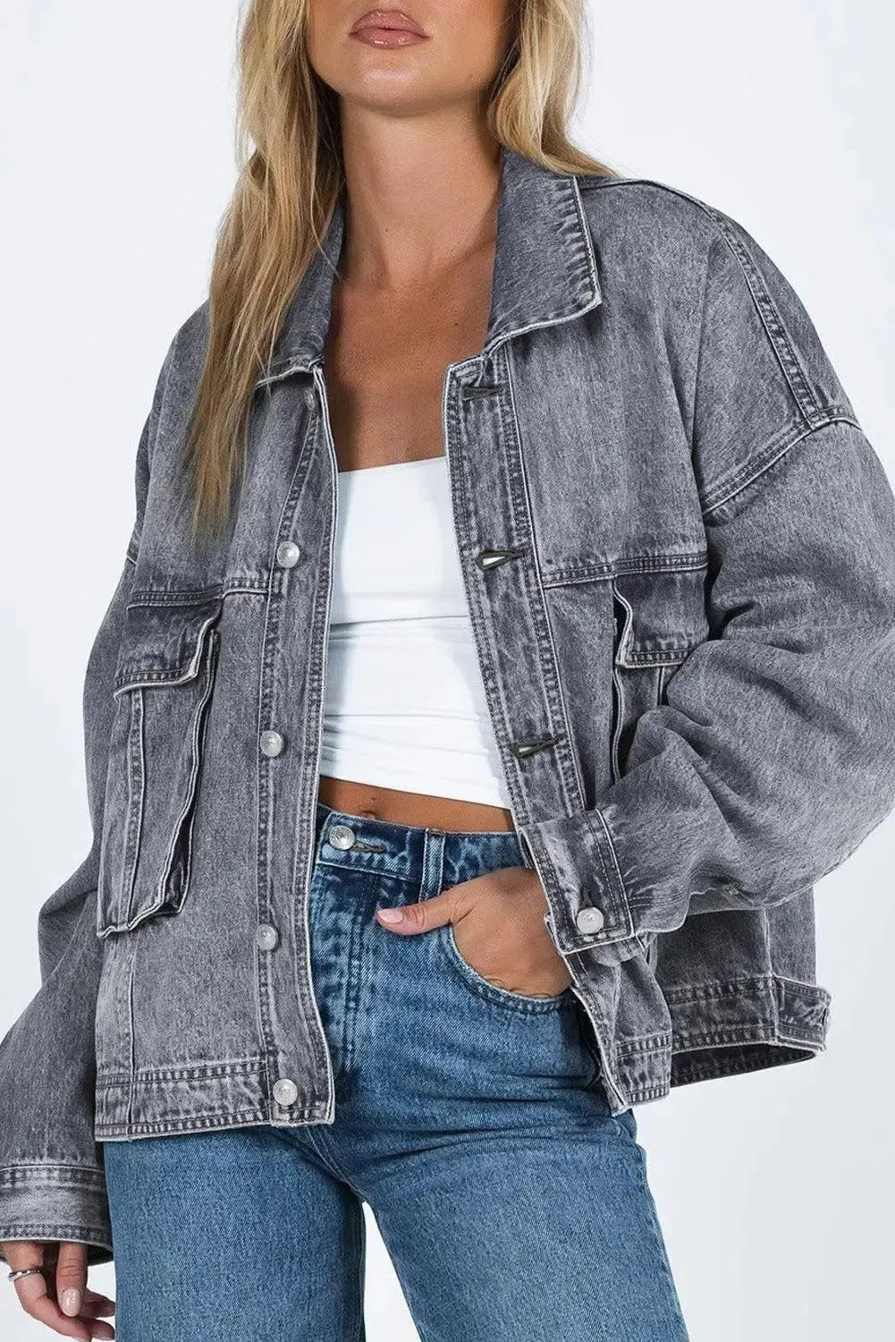 Timeless Style: Collared Neck Button Up Denim Jacket-Denim-Evelyns Fashion