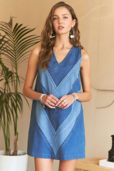 V-Neck Denim Midi Dress-Dress-Evelyns Fashion