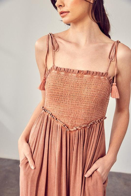 V-Neck Smocked Jumpsuit-Jumpsuits-Evelyns Fashion