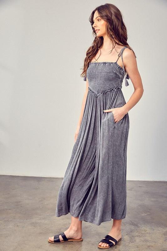 V-Neck Smocked Jumpsuit-Jumpsuits-Evelyns Fashion
