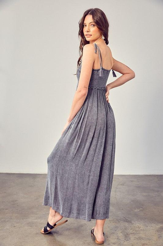 V-Neck Smocked Jumpsuit-Jumpsuits-Evelyns Fashion