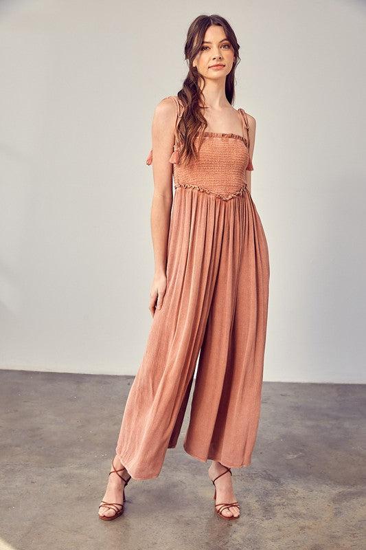 V-Neck Smocked Jumpsuit-Jumpsuits-Evelyns Fashion