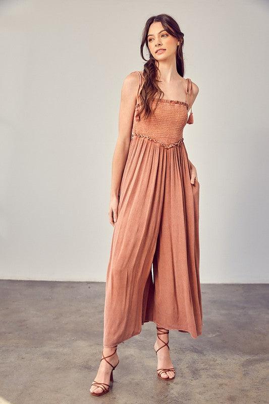 V-Neck Smocked Jumpsuit-Jumpsuits-Evelyns Fashion