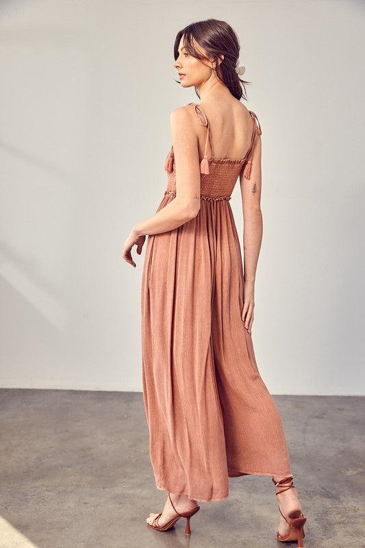 V-Neck Smocked Jumpsuit-Jumpsuits-Evelyns Fashion