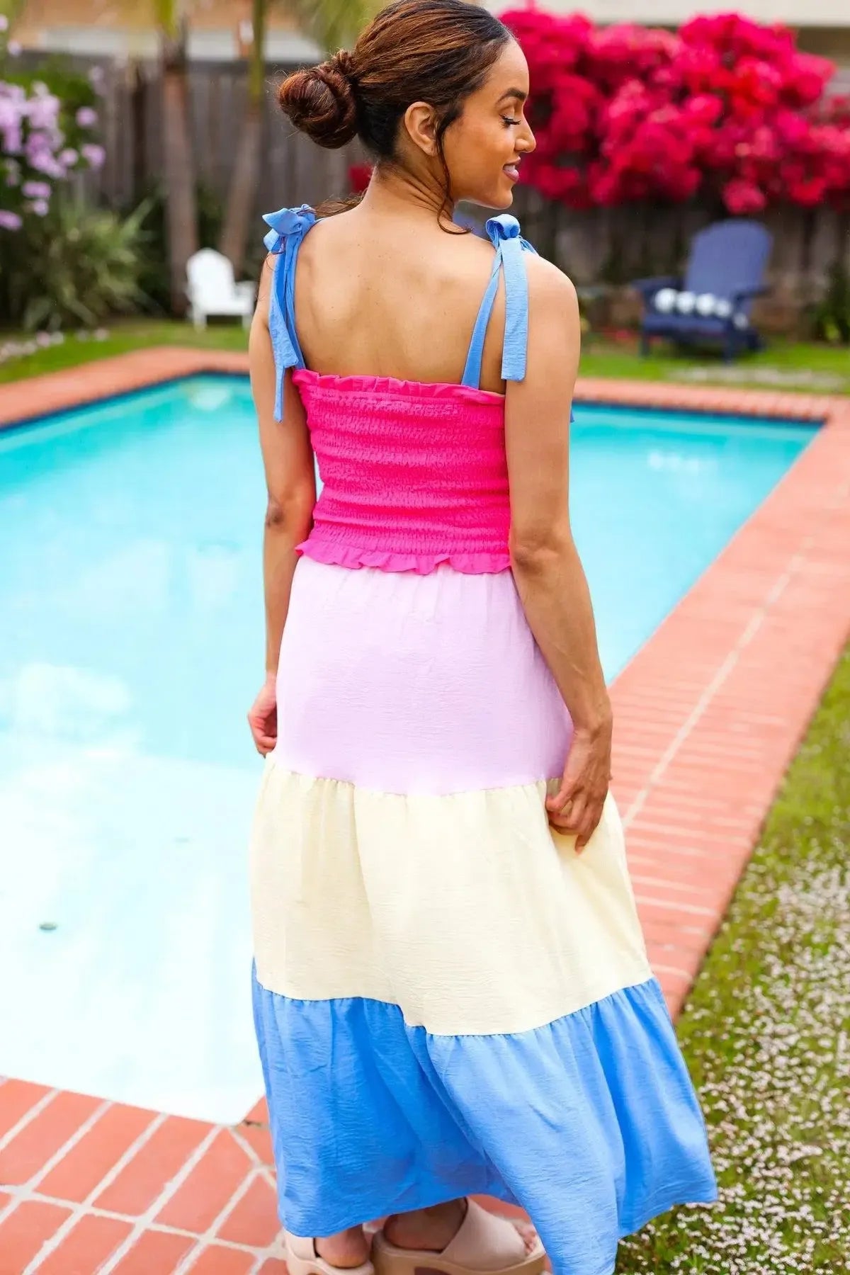 Vacay Vibes Hot Pink & Blue Smocked Color Block Maxi Dress-2024 Blow-Out Sale-Evelyns Fashion