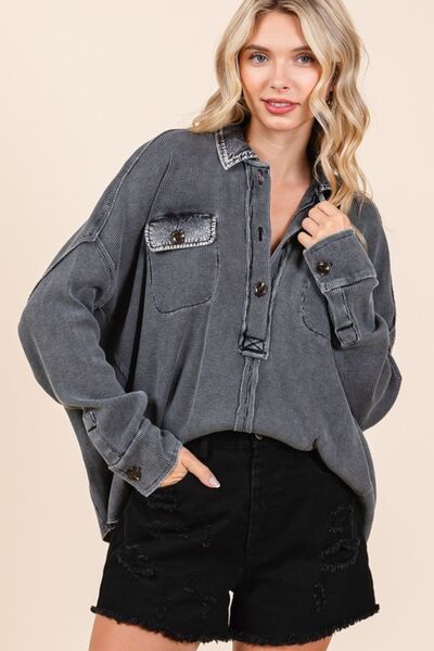 Waffle Knit Collared Neck Henley Top-OUTERWEAR-Evelyns Fashion