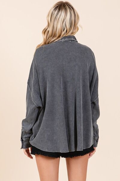 Waffle Knit Collared Neck Henley Top-OUTERWEAR-Evelyns Fashion