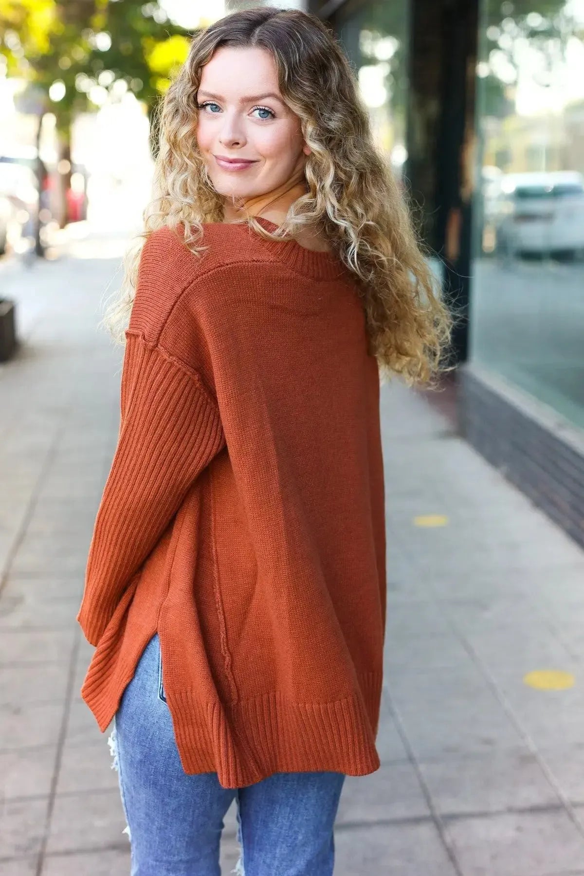 Warm & Chic: Rust V-Neck Rib Knit Sweater-2024 Blow-Out Sale-Evelyns Fashion