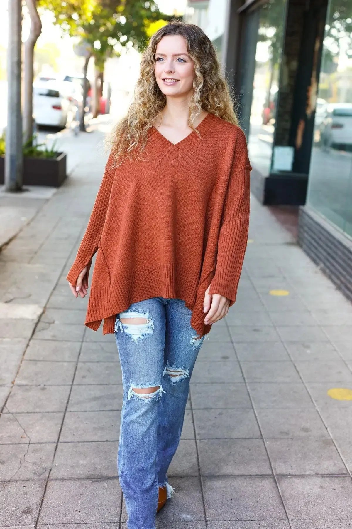 Warm & Chic: Rust V-Neck Rib Knit Sweater-2024 Blow-Out Sale-Evelyns Fashion