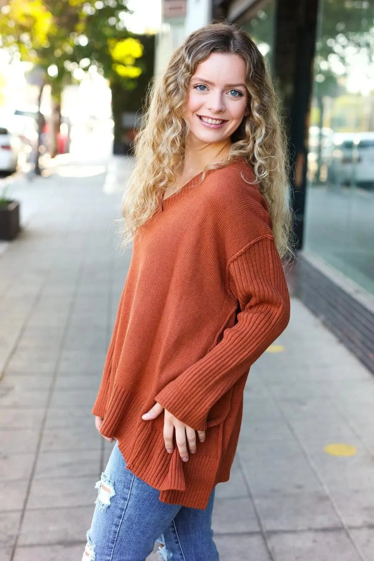 Warm & Chic: Rust V-Neck Rib Knit Sweater-2024 Blow-Out Sale-Evelyns Fashion