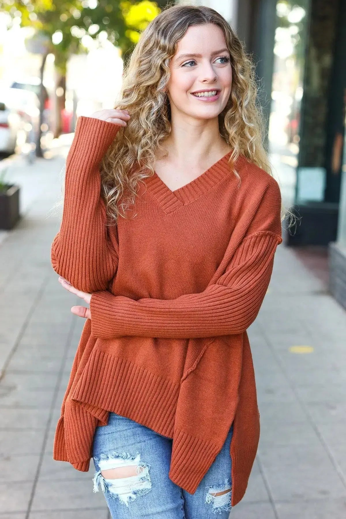 Warm & Chic: Rust V-Neck Rib Knit Sweater-2024 Blow-Out Sale-Evelyns Fashion