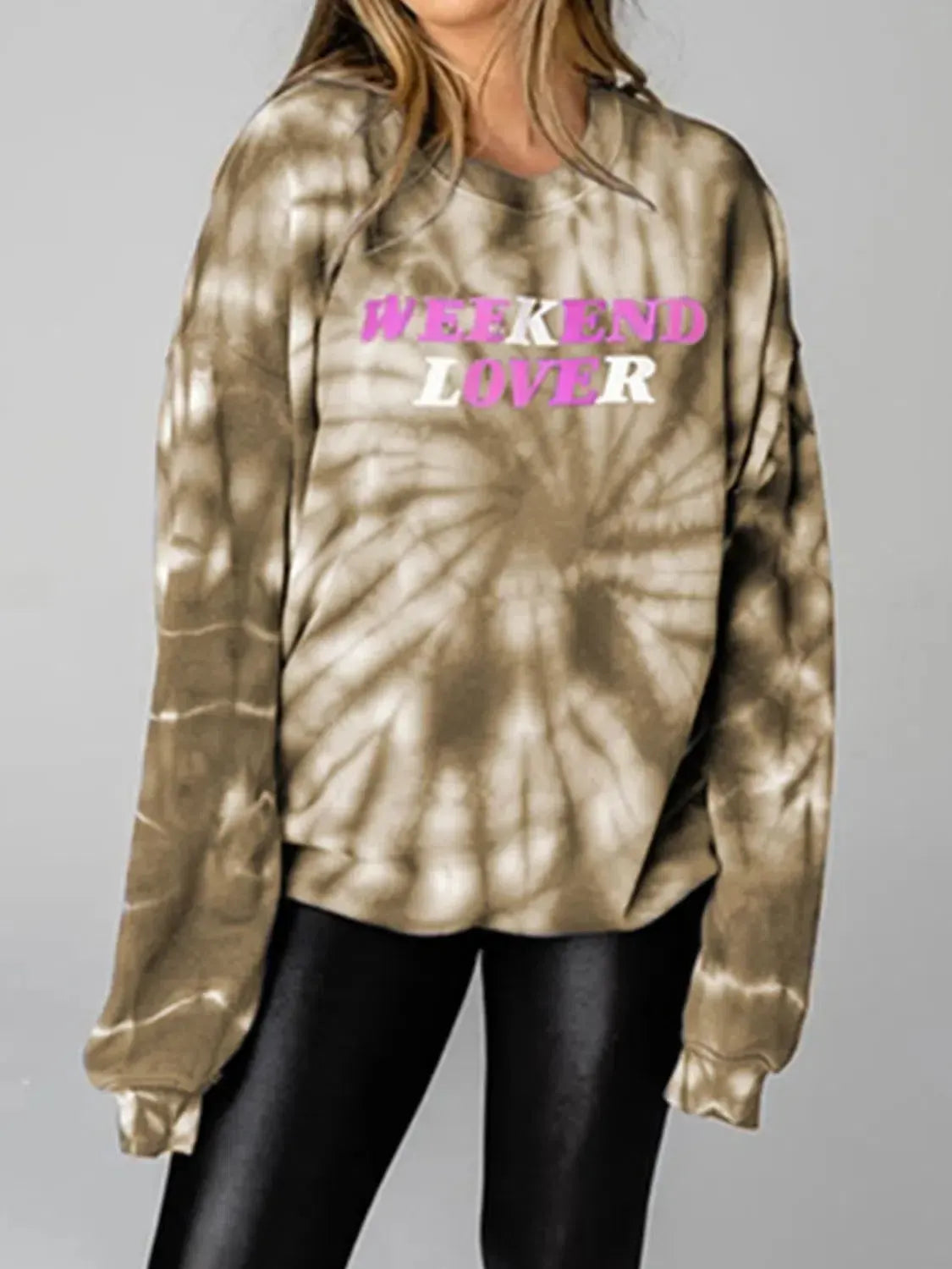 Weekend Vibes: WEEKEND LOVER Graphic Tie-Dye Sweatshirt-Sweat Shirts and Hoodies-Evelyns Fashion
