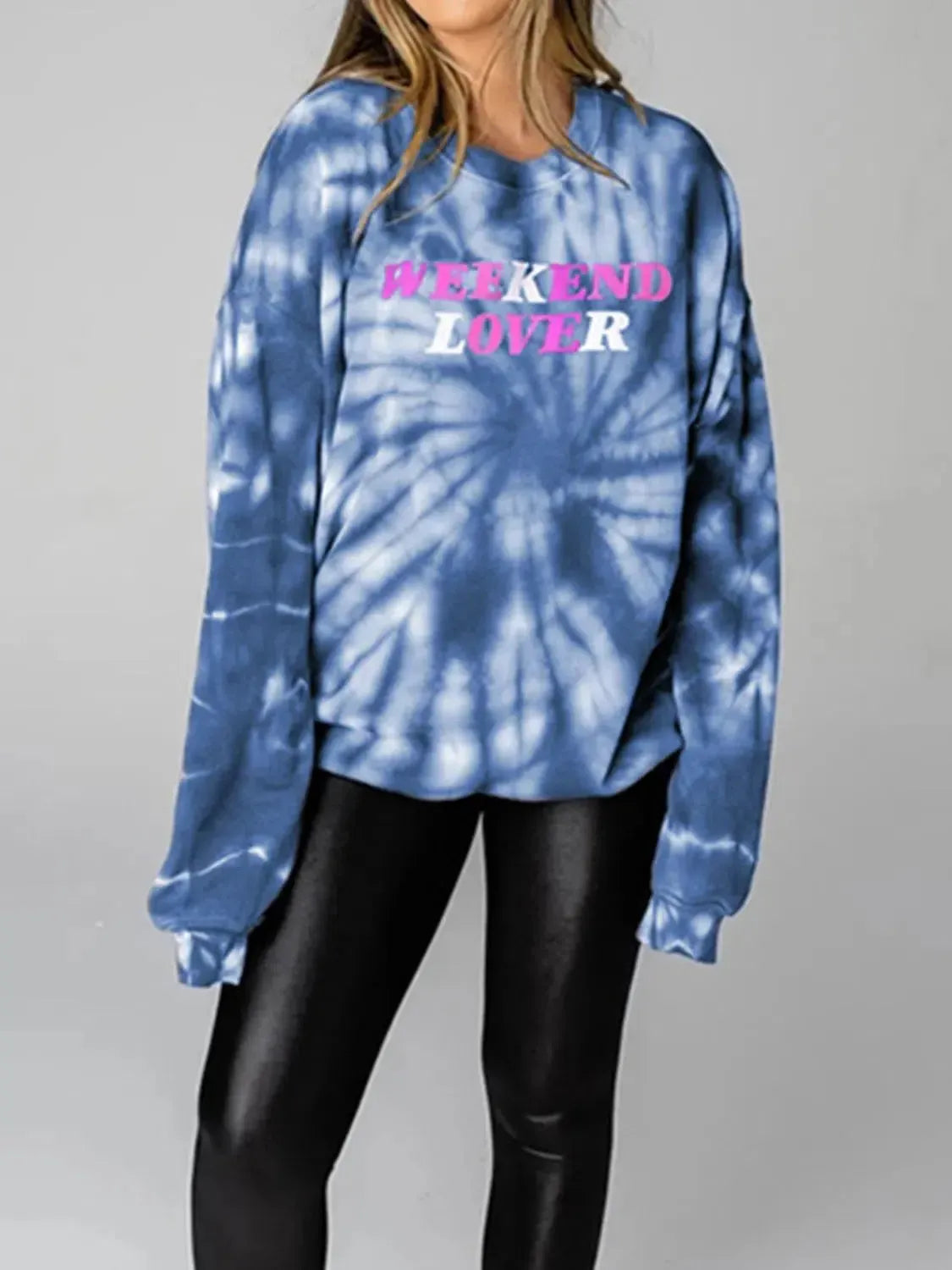Weekend Vibes: WEEKEND LOVER Graphic Tie-Dye Sweatshirt-Sweat Shirts and Hoodies-Evelyns Fashion