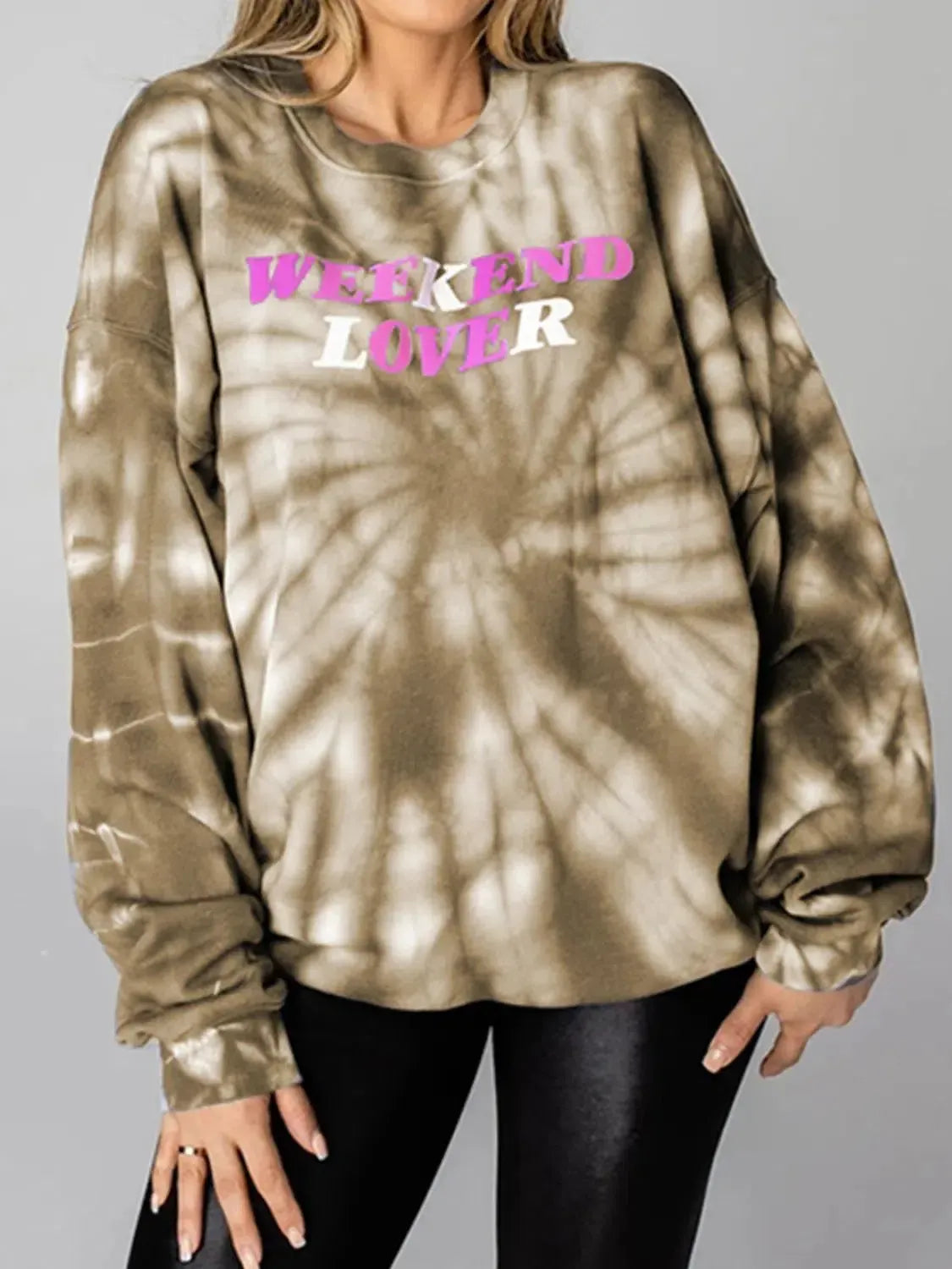 Weekend Vibes: WEEKEND LOVER Graphic Tie-Dye Sweatshirt-Sweat Shirts and Hoodies-Evelyns Fashion