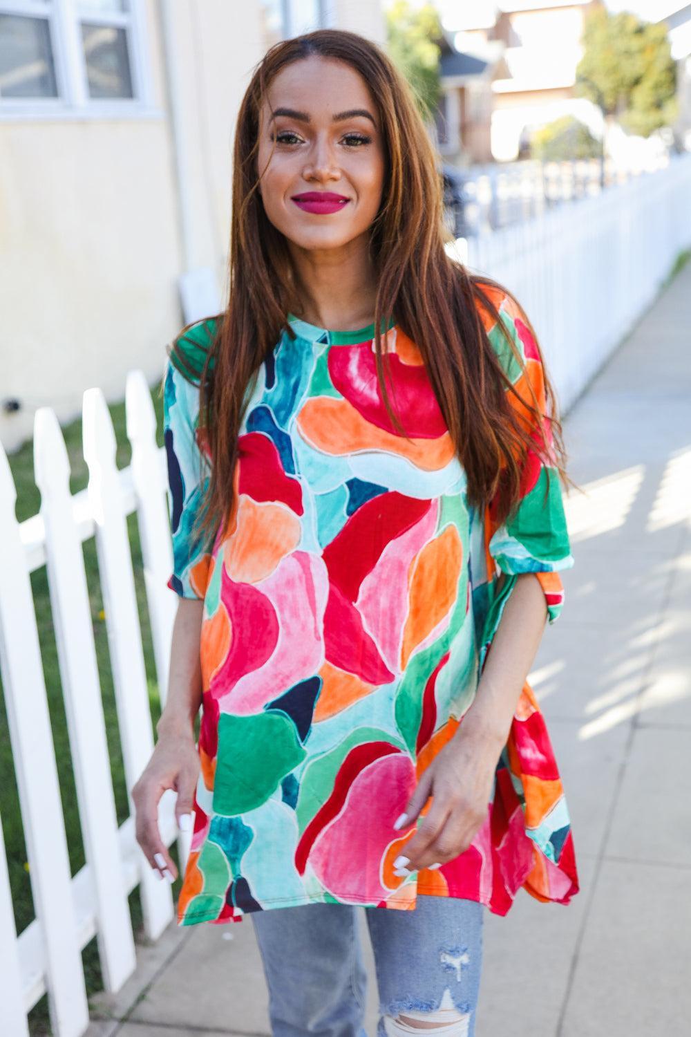 Women's Abstract Print Tunic Blouse-Short Sleeve Blouse-Evelyns Fashion