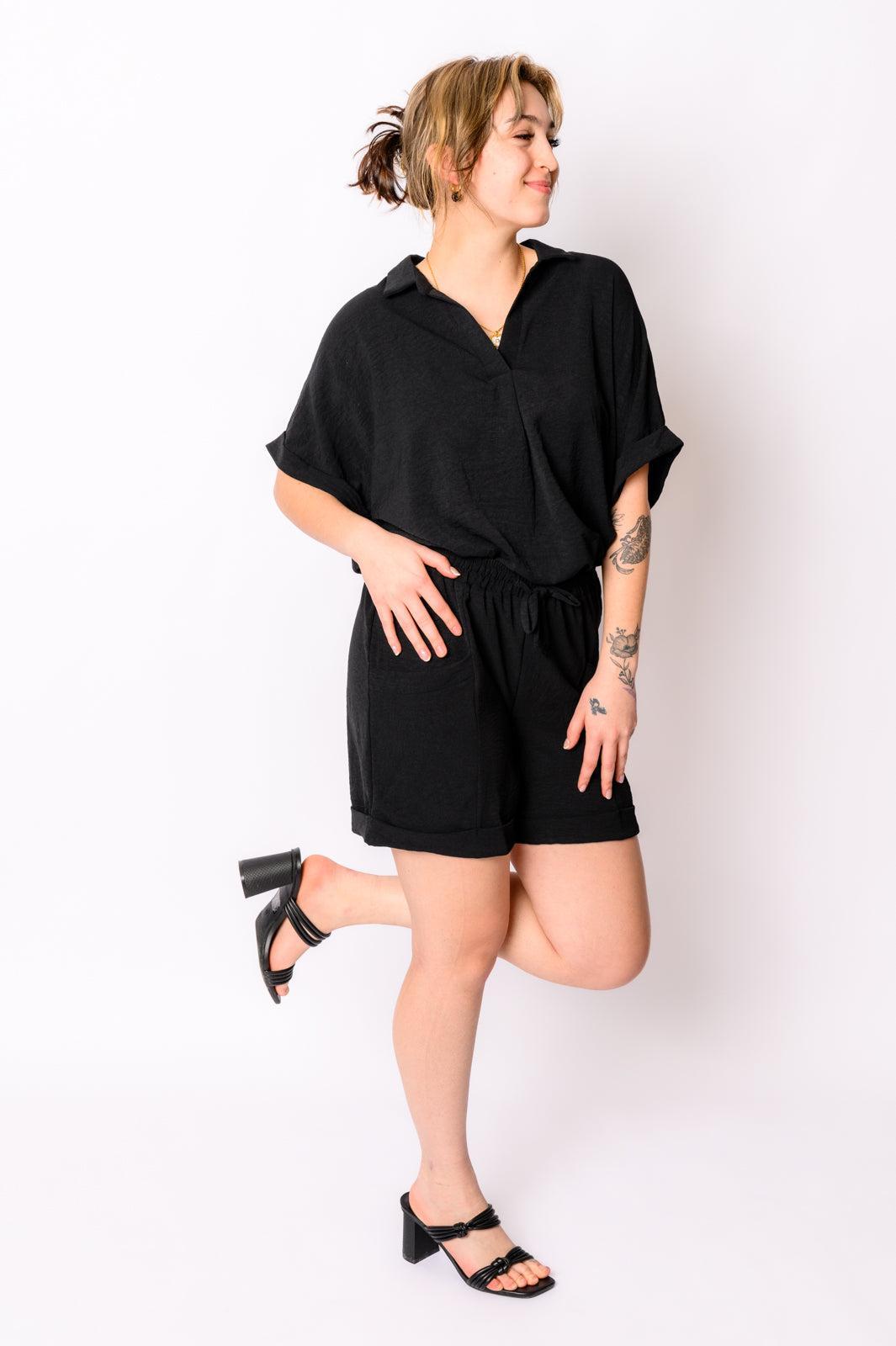Women's Black Drawstring Shorts-Shorts-Evelyns Fashion
