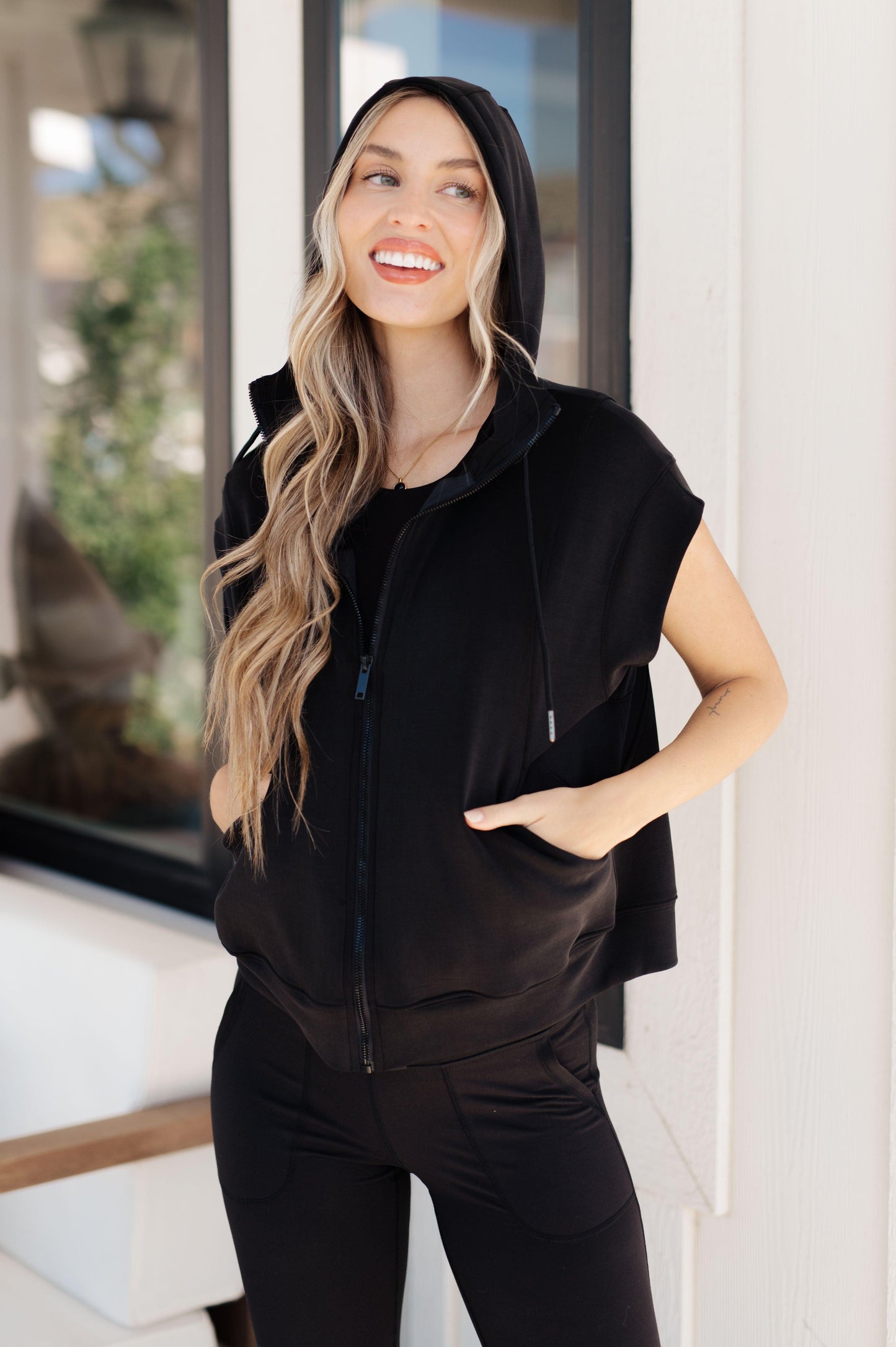 Women's Black Sleeveless Hoodie-Sweat Shirts and Hoodies-Evelyns Fashion