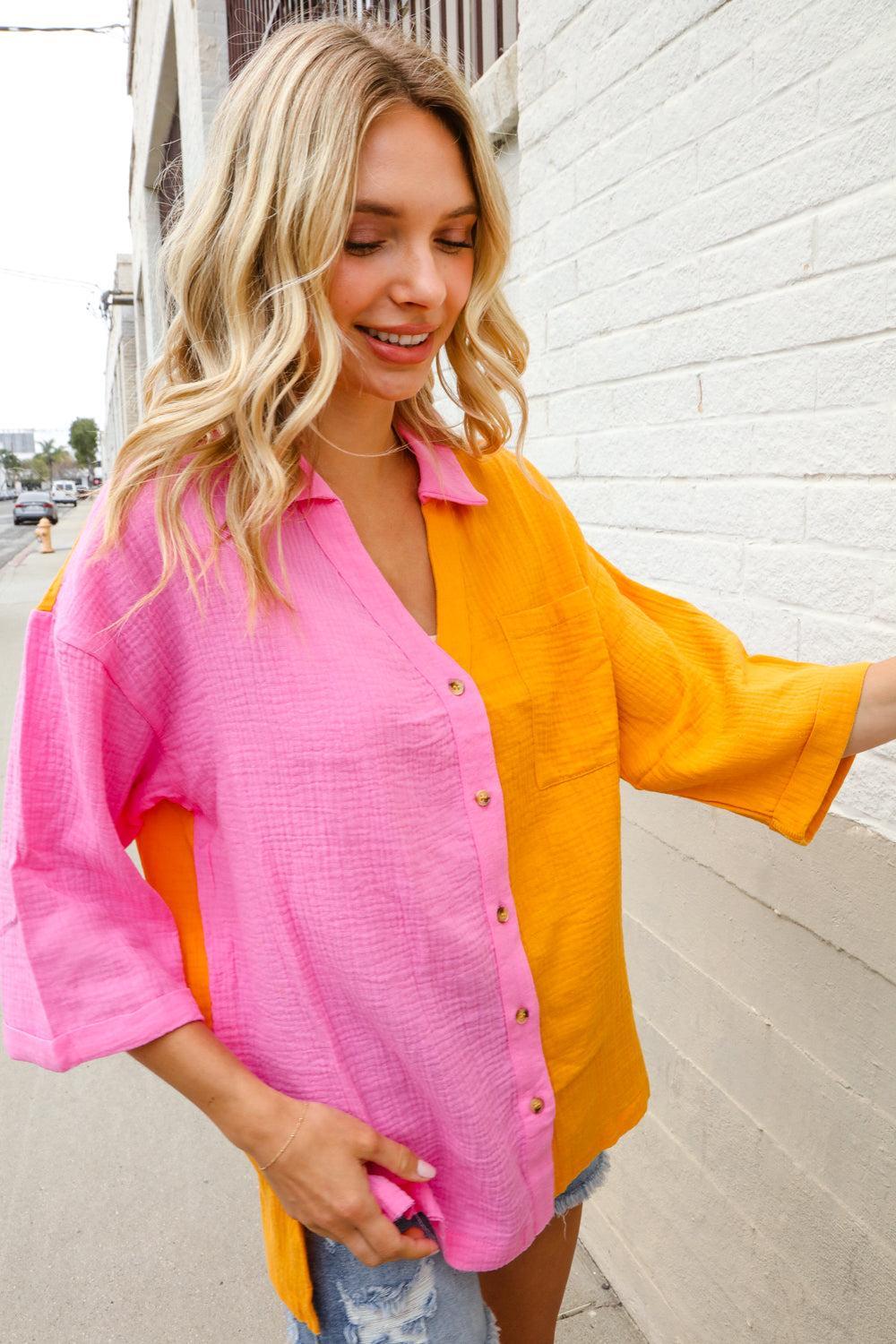 Womens Color Block Button Down Shirts-Long Sleeve Blouse-Evelyns Fashion