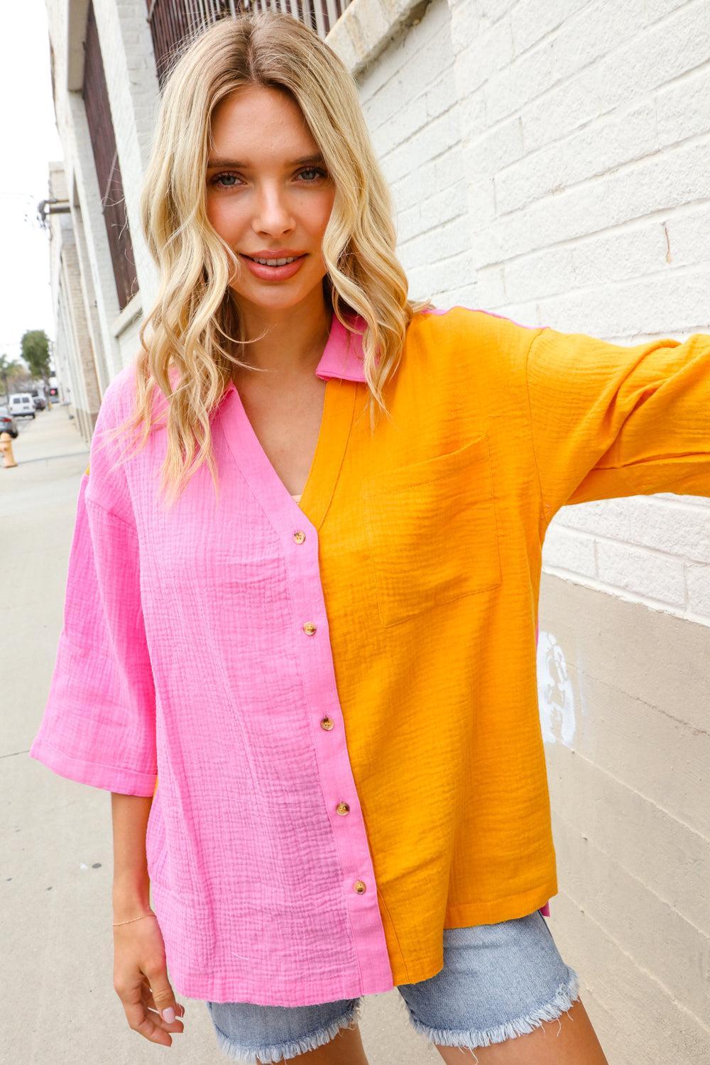 Womens Color Block Button Down Shirts-Long Sleeve Blouse-Evelyns Fashion