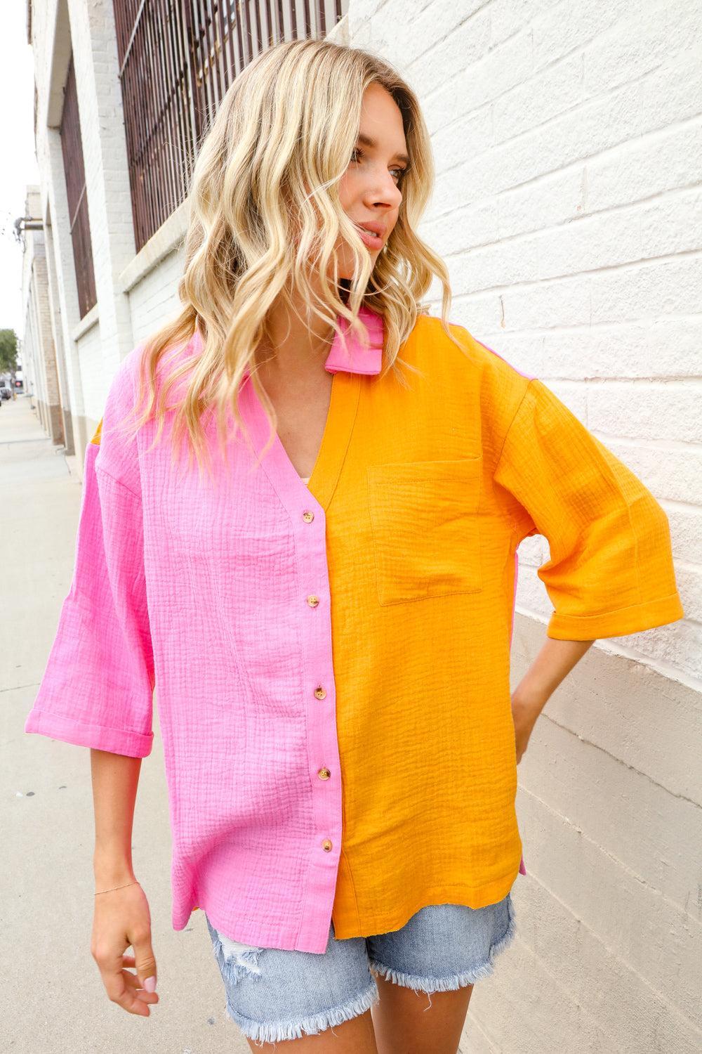 Womens Color Block Button Down Shirts-Long Sleeve Blouse-Evelyns Fashion