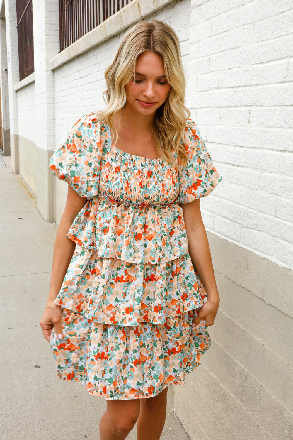 Women's Floral Midi Tiered Dress-midi dress-Evelyns Fashion