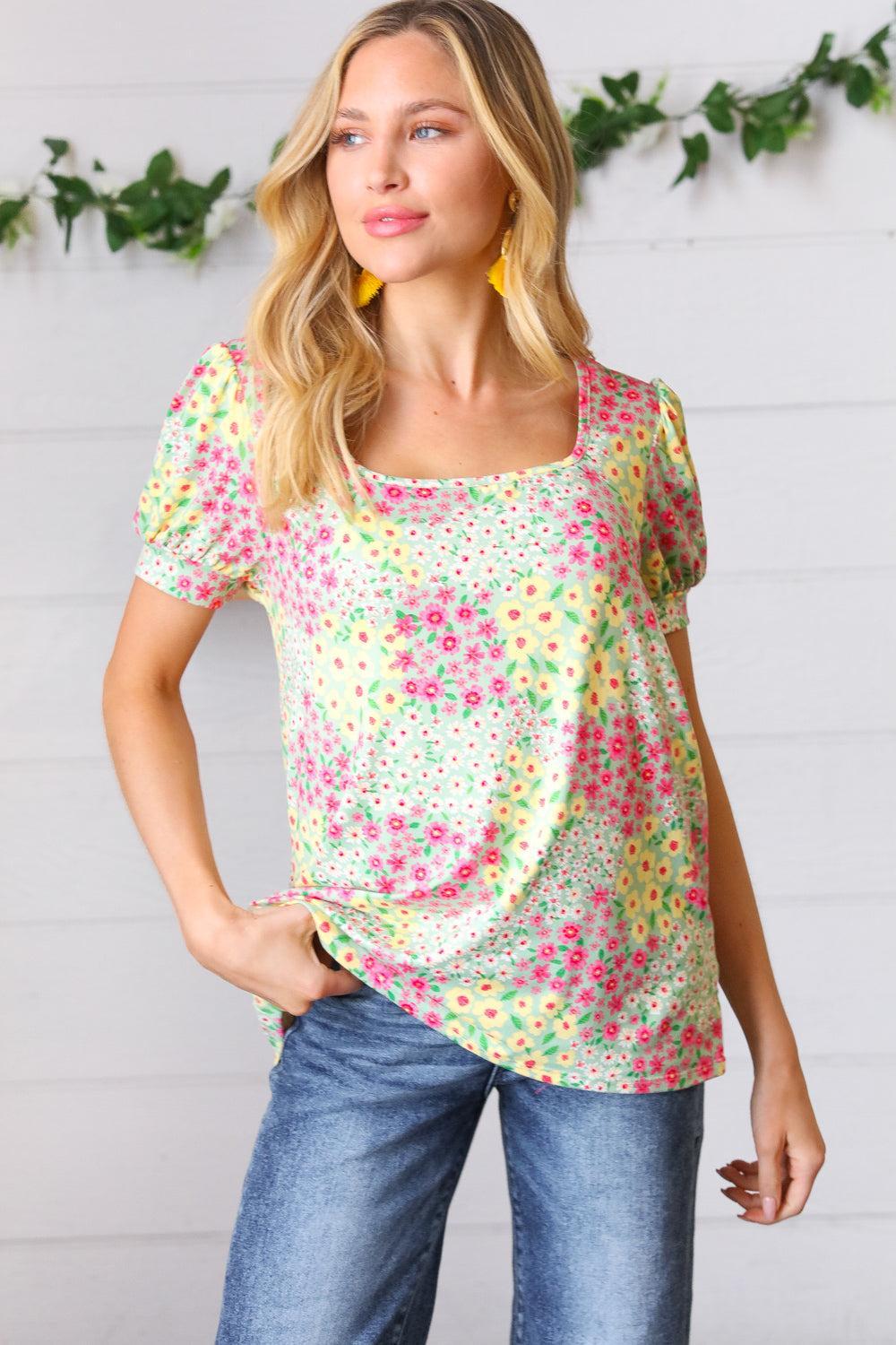 Women's Floral Short Sleeve Top-Short Sleeve Blouse-Evelyns Fashion