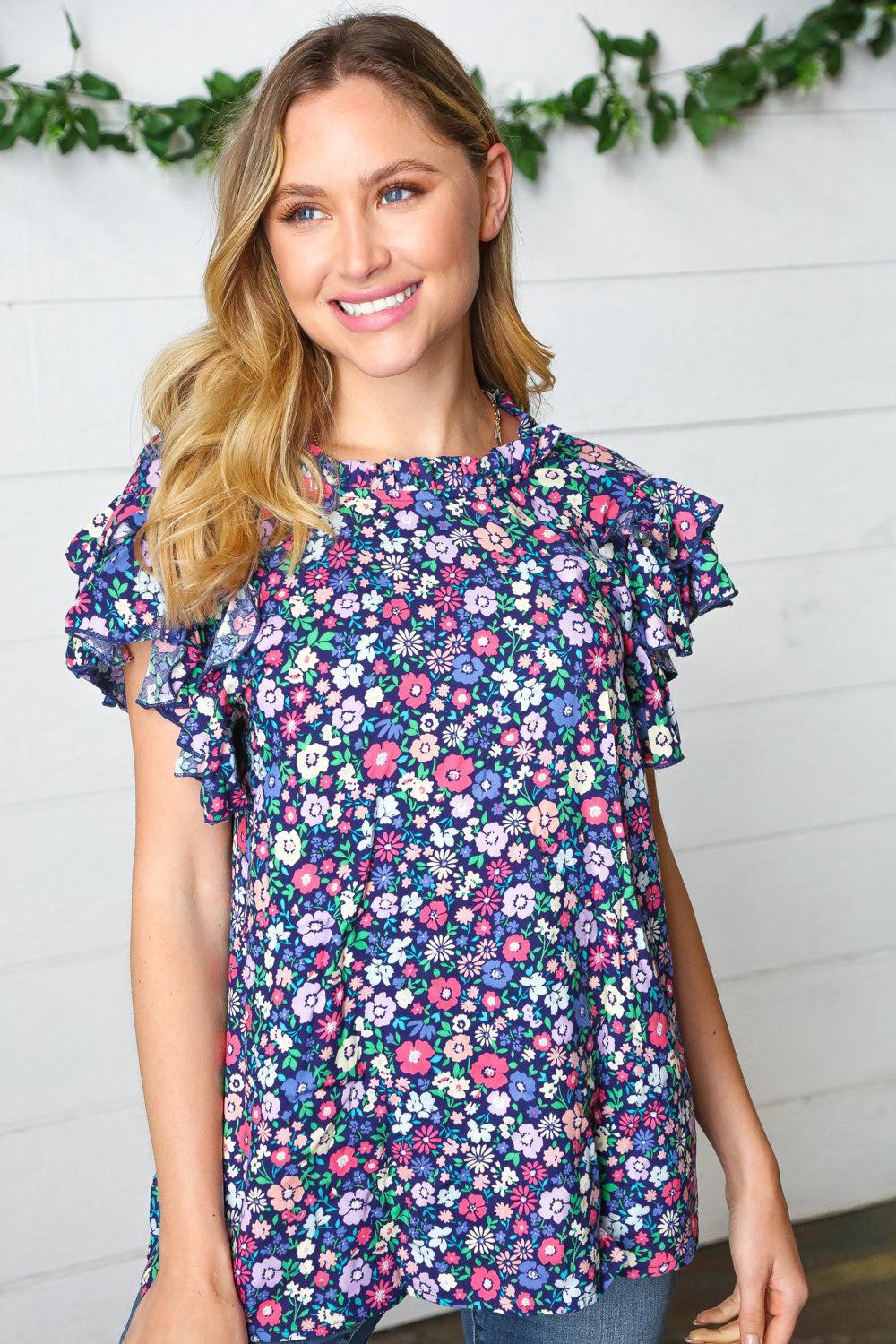 Women's Navy Floral Top-Short Sleeve Blouse-Evelyns Fashion