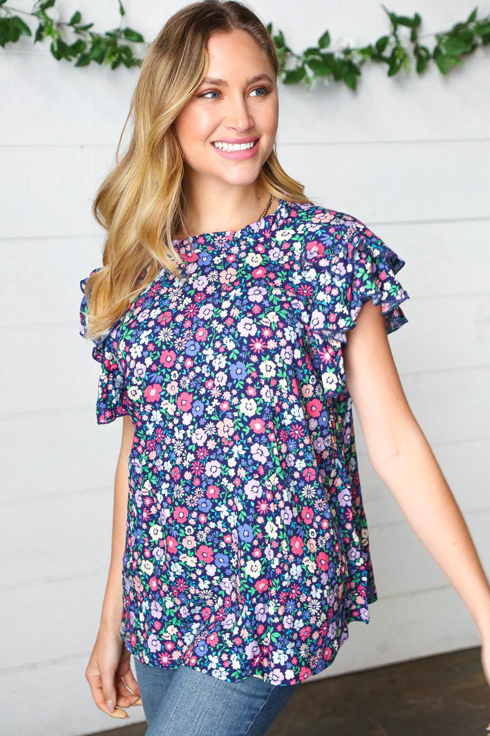 Women's Navy Floral Top-Short Sleeve Blouse-Evelyns Fashion