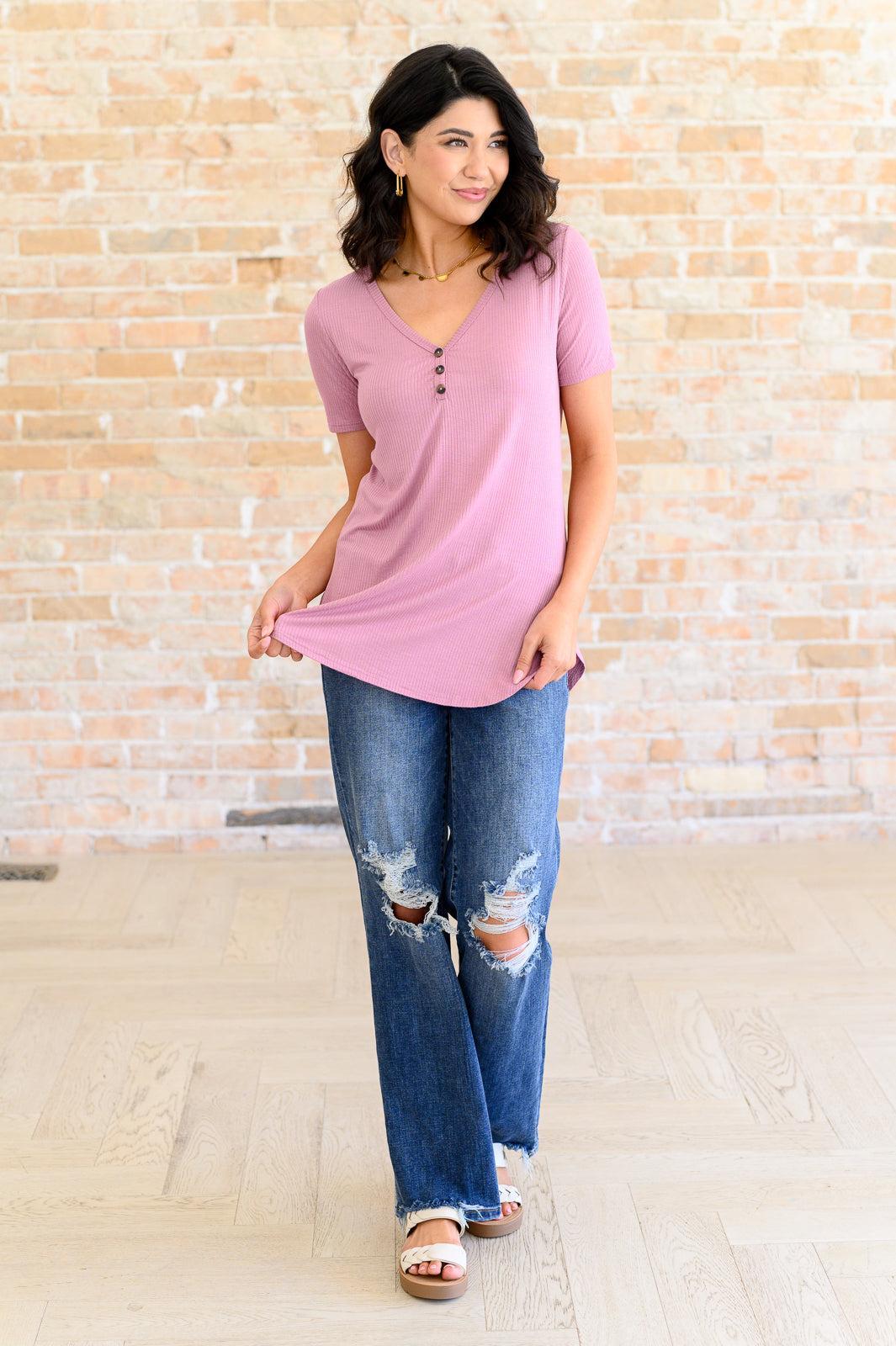 Women's Pink Ribbed V-Neck Top-Tops-Evelyns Fashion